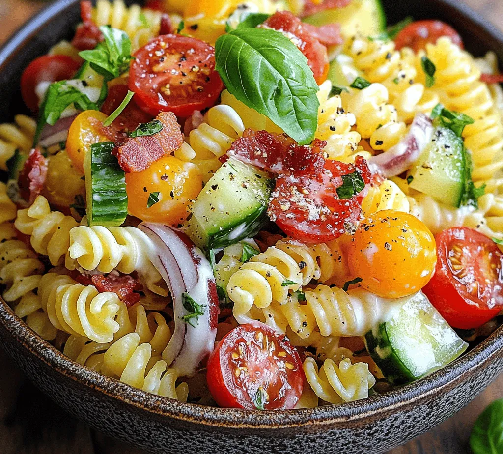 To create the perfect BLT Pasta Salad Fiesta, it