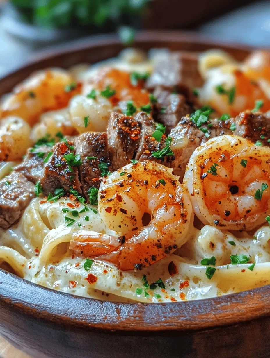 Indulge in Flavor: Cajun Shrimp and Steak Alfredo Pasta Extravaganza