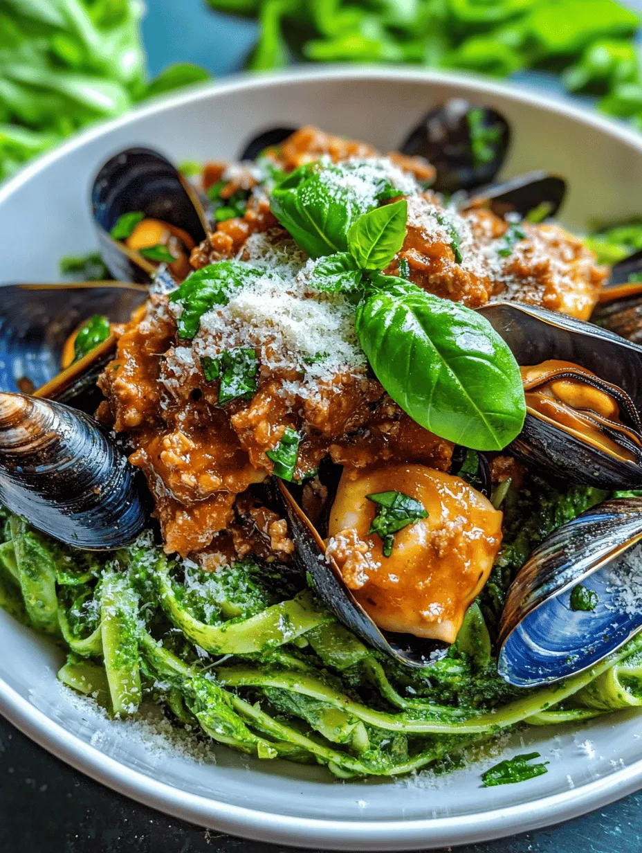 Dive into Decadence: Spinach Fettuccine with Lobster Ravioli, Mussels, &#038; Meat Sauce