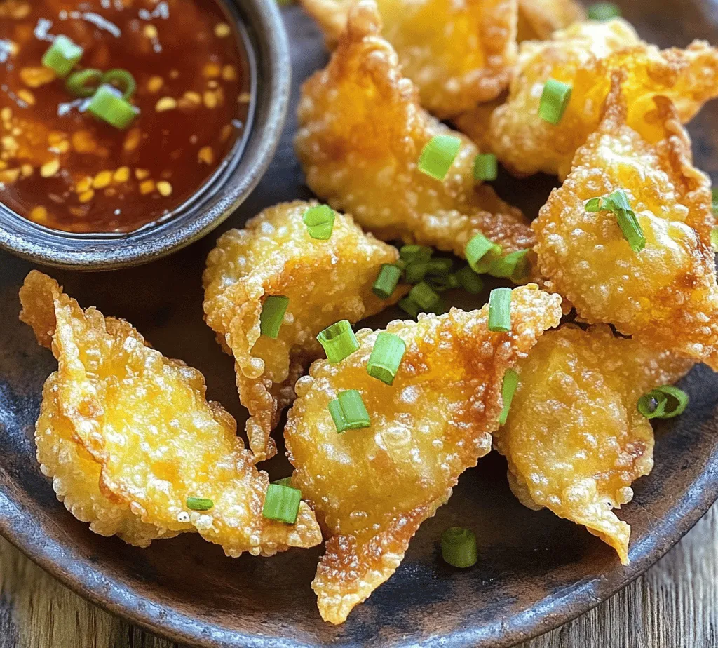 Delve into the culinary world with our Crispy Crab Rangoon Delight, a delectable appetizer that perfectly combines creamy and savory flavors. Originating from American Chinese cuisine, these delightful bites are a crowd favorite, ideal for parties, gatherings, or simply as a satisfying snack. The recipe features a rich filling made from crab meat and cream cheese, all wrapped in a crispy wonton shell that delivers a satisfying crunch with every bite. Whether you
